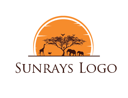 sun behind elephants and giraffe with tree