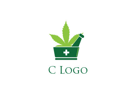 marijuana leaf with first aid sign mortar and pestle