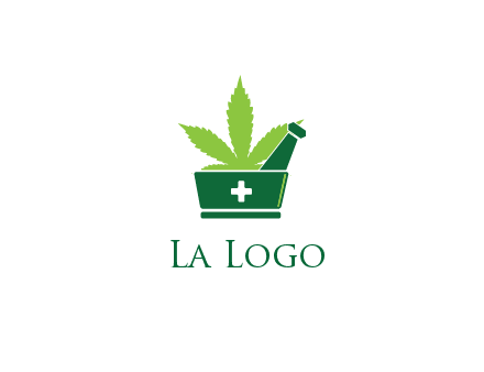 marijuana leaf with first aid sign mortar and pestle