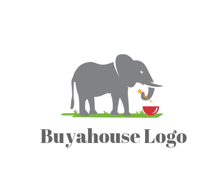 elephant holding chopsticks with grass and bowl