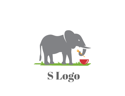 elephant holding chopsticks with grass and bowl