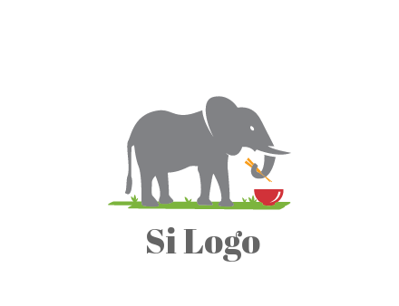 elephant holding chopsticks with grass and bowl