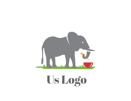 elephant holding chopsticks with grass and bowl