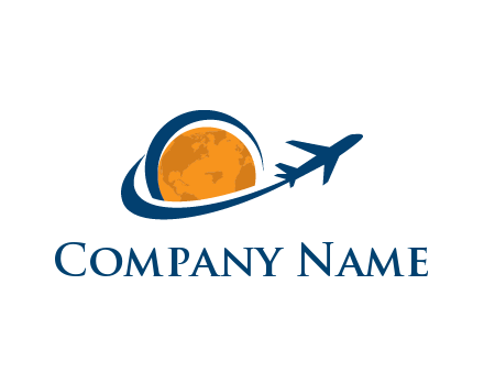 swoosh around moon with airplane travel logo