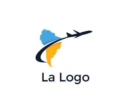 South America map with airplane travel logo 