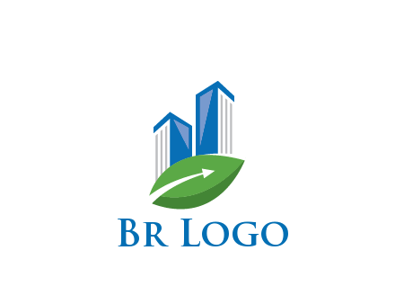 buildings with arrow in leaf real estate logo