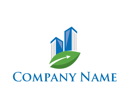 buildings with arrow in leaf real estate logo