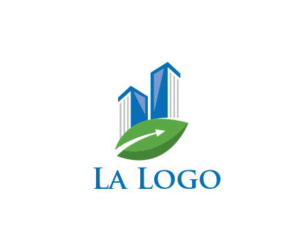 buildings with arrow in leaf real estate logo