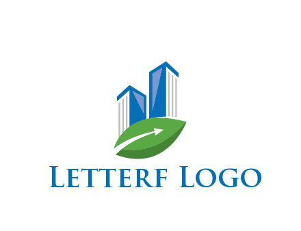 buildings with arrow in leaf real estate logo