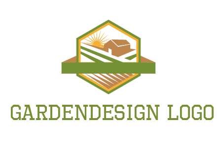 ribbon around sun and barn house with fields in hexagon farm logo