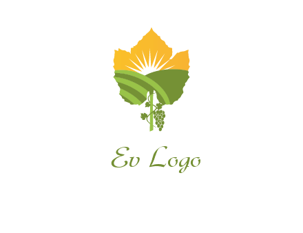 leaf shape cutout of sun and grape farm vineyard logo