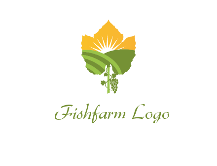 leaf shape cutout of sun and grape farm vineyard logo