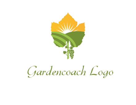 leaf shape cutout of sun and grape farm vineyard logo