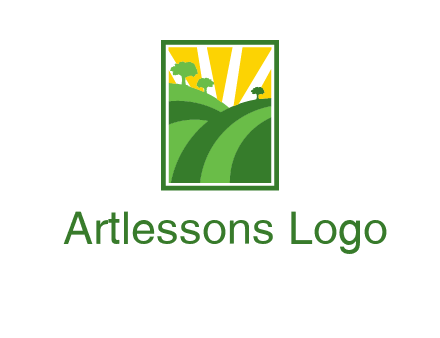 sun rays on trees and field agriculture logo