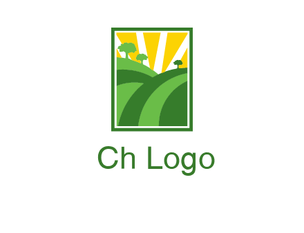 sun rays on trees and field agriculture logo