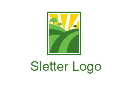 sun rays on trees and field agriculture logo