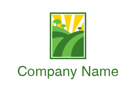 sun rays on trees and field agriculture logo