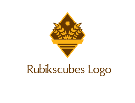 wheat stalks and sun in rhombus with ribbon agriculture logo