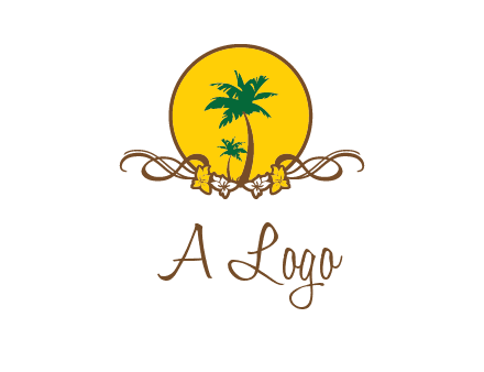 palm trees in circle with flowers and ribbons travel logo