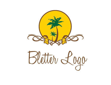 palm trees in circle with flowers and ribbons travel logo