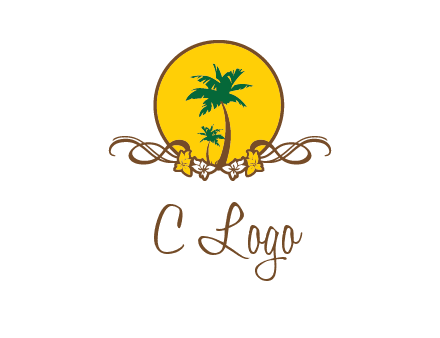 palm trees in circle with flowers and ribbons travel logo