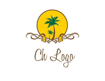 palm trees in circle with flowers and ribbons travel logo