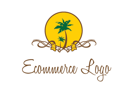 palm trees in circle with flowers and ribbons travel logo