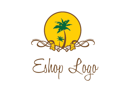 palm trees in circle with flowers and ribbons travel logo