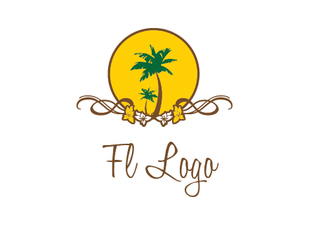 palm trees in circle with flowers and ribbons travel logo