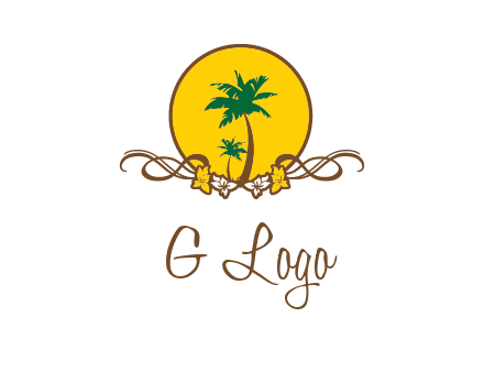 palm trees in circle with flowers and ribbons travel logo