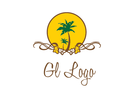 palm trees in circle with flowers and ribbons travel logo