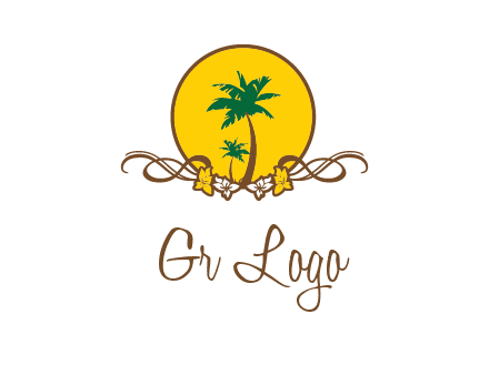 palm trees in circle with flowers and ribbons travel logo