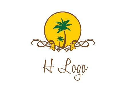 palm trees in circle with flowers and ribbons travel logo