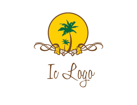 palm trees in circle with flowers and ribbons travel logo