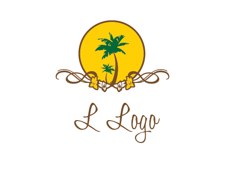 palm trees in circle with flowers and ribbons travel logo