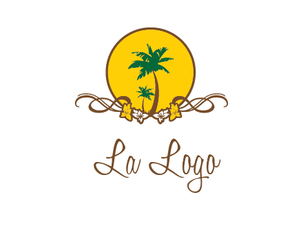 palm trees in circle with flowers and ribbons travel logo