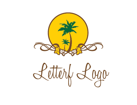 palm trees in circle with flowers and ribbons travel logo