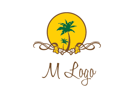 palm trees in circle with flowers and ribbons travel logo