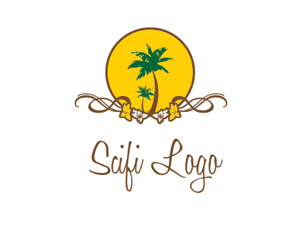 palm trees in circle with flowers and ribbons travel logo