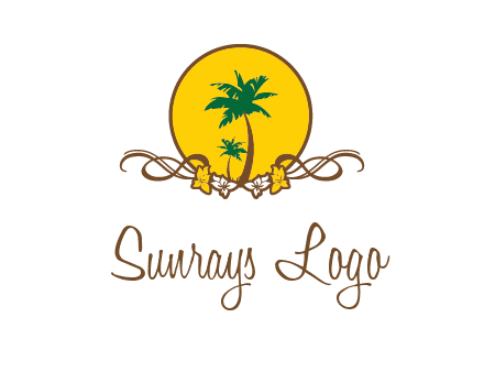 palm trees in circle with flowers and ribbons travel logo