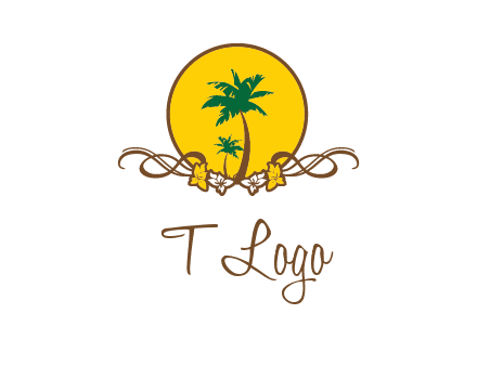 palm trees in circle with flowers and ribbons travel logo