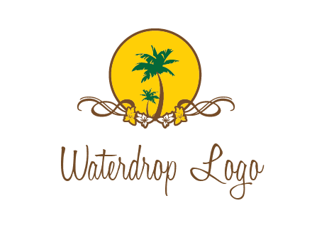 palm trees in circle with flowers and ribbons travel logo