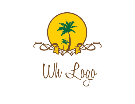 palm trees in circle with flowers and ribbons travel logo