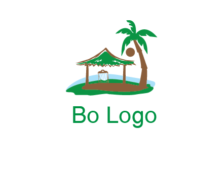 lounger under tent and palm tree on island travel logo icon