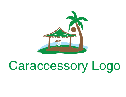 lounger under tent and palm tree on island travel logo icon