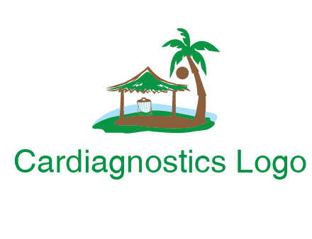 lounger under tent and palm tree on island travel logo icon