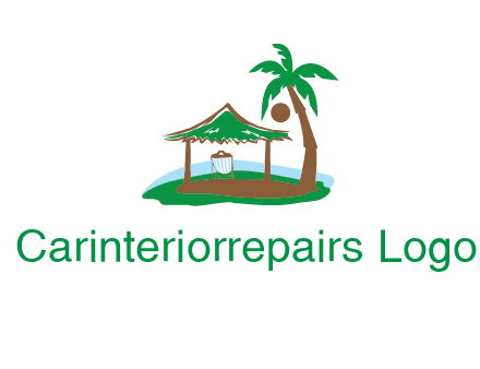 lounger under tent and palm tree on island travel logo icon