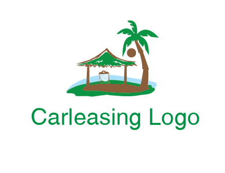 lounger under tent and palm tree on island travel logo icon