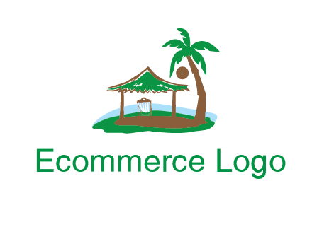 lounger under tent and palm tree on island travel logo icon