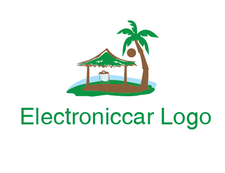 lounger under tent and palm tree on island travel logo icon